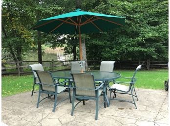 Glass And Green Aluminum Patio Table & Chairs With Umbrella