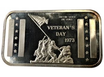 One Ounce .999 Fine Silver Bar Commemorating Veteran's Day 1973 By Madison Mint