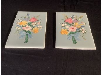 Pair Of Blue Tiles With Floral Painting