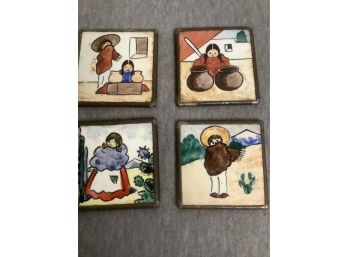 Hand Painted Tile Lot Of 4 Made In Mexico