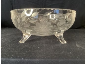 Floral Etched Legged Crystal Bowl