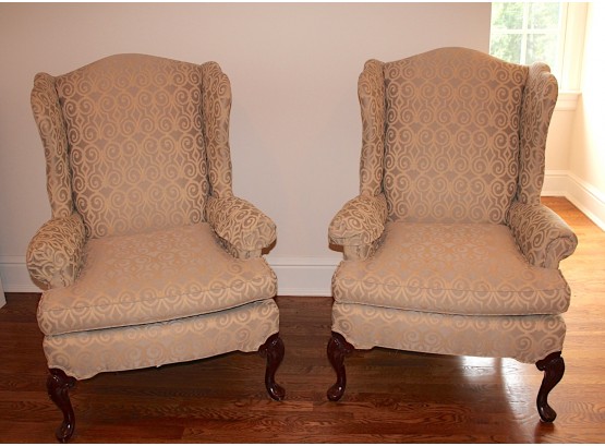 Pair Of Pennsylvania House Upholstered Damask Wing Back Chairs