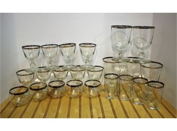 Twenty Three Vintage Mid Century Modern Mad Men Barware Glasses Roly Poly W/Silver Leaf Accents