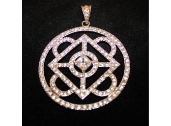 Sterling Silver 925 & Rhinestone Round Deco Styled Pendant (No Chain)