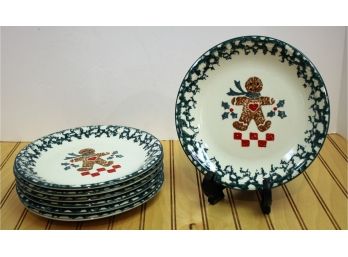 Seven Tienshan Folkcraft Sponge Paint Holiday GINGER BREAD Salad/Dessert 7.75 Plates