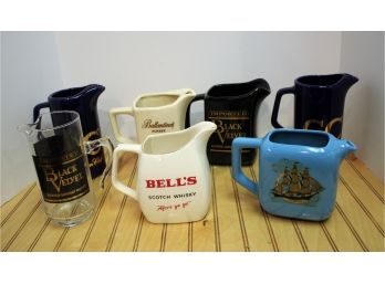 Seven Vintage Assorted Barware Glass & Ceramic Pitchers, Canadian Club, Bell's And More
