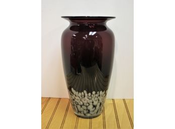 Large 11.5' Art Glass Hand Blown Purple & White Flower Vase