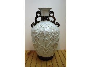 White  & Brown Glazed Ceramic 15 1/2' Embossed Decorative Vase/Urn