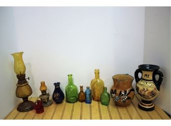 Vintage Mixed Lot Of Art Glass Bottles, Vases, Mini Lamps, Signed R Ward Love Bird