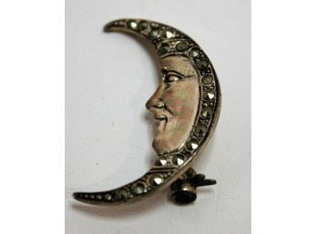 Vintage Sterling Silver Marcasite Crescent Moon Face Pin/Brooch