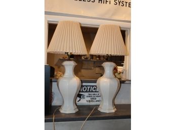 Pair White Ceramic Table Lamps W/Shades