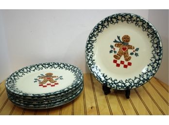 Seven Tienshan Folkcraft Sponge Paint Holiday GINGER BREAD 10 1/2 Dinner Plates