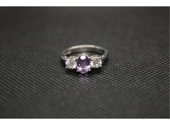 Oval Amethyst & CZ Sterling Silver 925 Ladies 3 Stone Ring Size 5