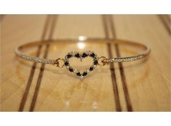 Delicate 925 Sterling Silver Yellow Gold Plated CZ & Sapphire Heart Bangle Bracelet