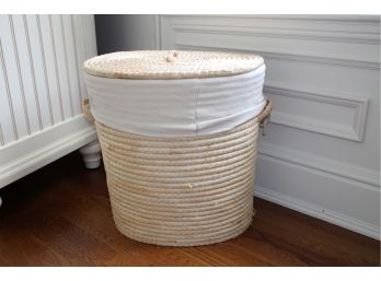 Woven Large Lined Laundry Basket W/Sea Beachy Blue Embroidered Decoration