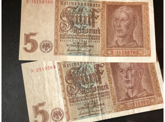 Lot Of (2) 1942 5 Reichsmark Germany WWII Money - 3rd Reich Note