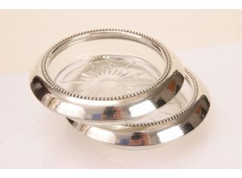 Lot Of 2 Crystal & Sterling Silver Coasters Marked 'Sterling'