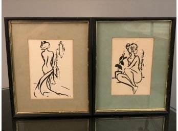 A Vintage Pair Of Framed Artist Signed Pen Ink Drawings Of Nude Women