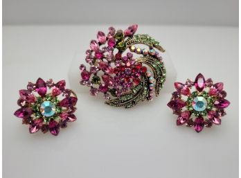 Vintage Rhinestone Brooch And Clip On Earring Set