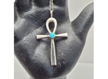 Hand Made Sterling Silver Turquoise 2' Egyptian Cross On 18' Sterling Chain