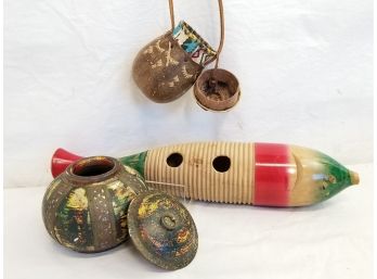 Mexican Guiro, Vintage Oriental Wooden Gourd Bottle & Ceramic Lidded Jar