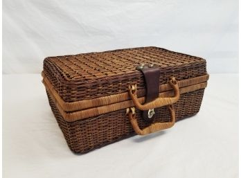 Small Vintage Suitcase Style Wicker Basket With Leather Strap & Carry Handles