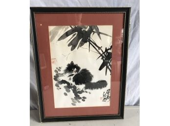 Framed Oriental Watercolor  Of A Cat