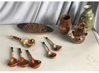Wooden Spoons & Wooden Canoe Shaped Dish, A Metal Vase & Two Pieces Of Pottery
