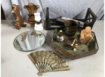 Miscellaneous Lot Including Plaster Bookends, Small Oil Lamps, Insert Burner, Wood Carved Man Signed J.L. Doyle, Copper Tray Metal Toby Mug & More