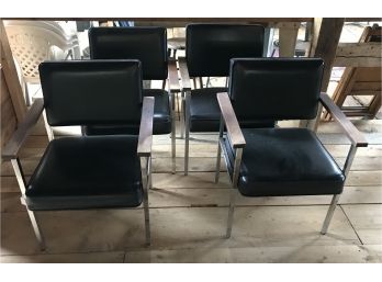 Four Mid-Century Chrome & Wood Black Chairs
