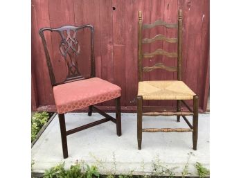 Two Vintage Chairs- Chippendale Style & Rush Seat