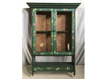Green Paint Decorated Country Hanging Cabinet With Glass Doors