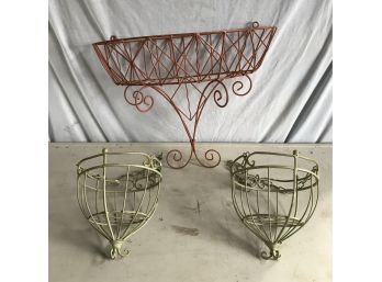 Three Metal Planters- Two Hanging Baskets & 1 Wall Mount