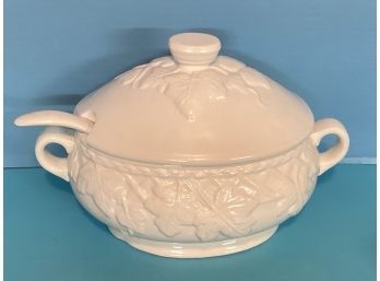 Vintage White Ceramic Soup Tureen With Ladle