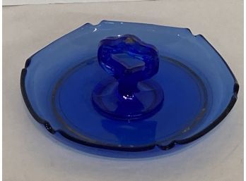Vintage Cobalt Blue Deression Glass Serving Dish With Center Handle 6 Inches In Diameter