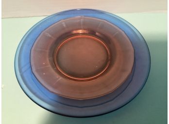 Pair Vintage Depression Era Glass Plates:  8 Inches In Diameter Light Amber - 10 Inches Cobalt Blue