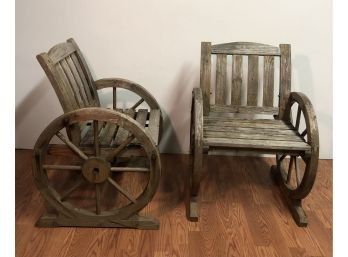 Pair Of Rustic Wagon Wheel Style Wooden Chairs