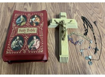 Holy Bible, Crucifix, & Rosary Beads Lot