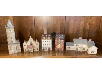 Four Ceramic Building Art Pieces By Praha And A Fine Detailed Balsa Wood House