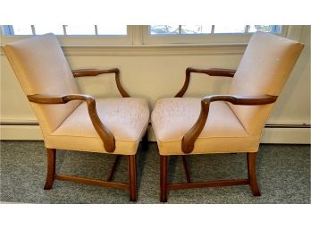 A Pair Of Open Wooden Frame Upholstered Arm Chairs