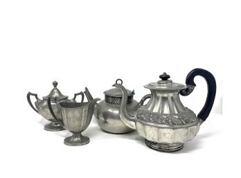 Pewter Teapots, Creamer, And Sugar Bowl