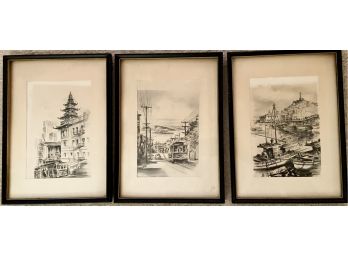 3 Vintage Original Ink Drawings Of San Francisco