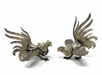 Pair Of Brass Japanese Fighting Rooster Figurines