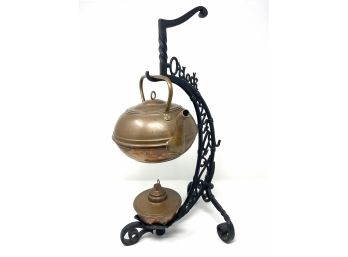 Antique 5 O'clock Wrought Iron Stand And Copper Tea Kettle Rack Warmer