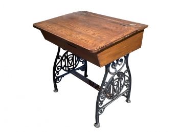 Antique Lift Top Student Desk With Scrolled Iron Base