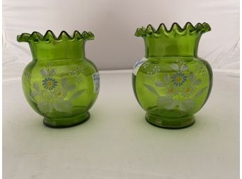 2 Short Green Glass Vases-Enameled Bohemian Art Glass