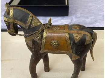6' Vintage Hand Carved Horse Sculpture With Brass And Copper Accents
