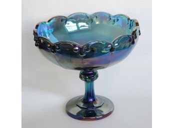 Vintage Blue Iridescent Carnival Glass Compote Footed Dish Bowl