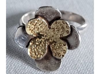 Pretty Modernist Sterling Silver & Gold Wash Overlay Flower Petal Ring