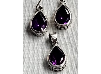 Beautiful Sterling Silver Pendant & Earring Set - Amethyst Tear Drop Shape Center Design